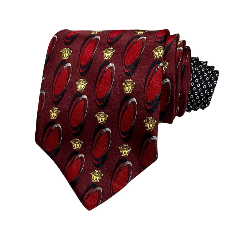 Gianni Versace Red Silk Tie With Gold Medusa & Black Pattern